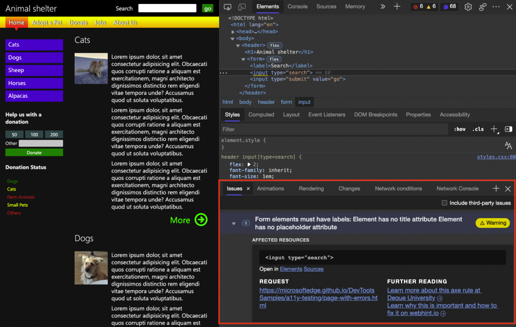 The issues tool showing what the problem is and how to fix it