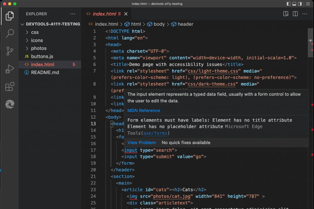 HTML document with Accessibility issues open in VS Code , the error is highlighted and explanations are visible how to fix it.