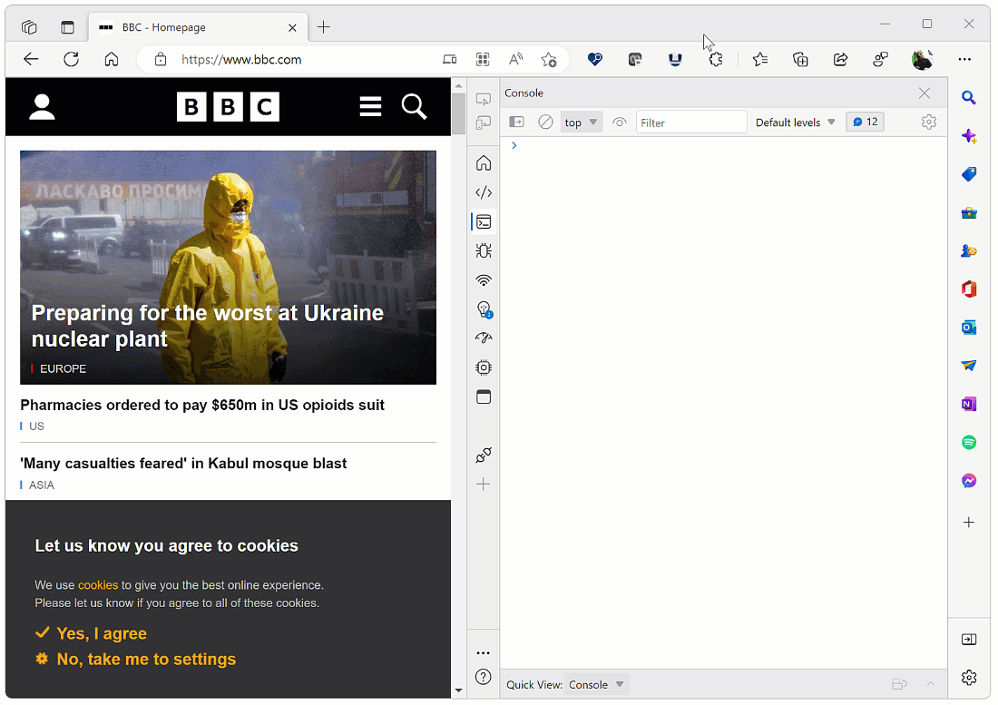 The BBC homepage loading with the Console tool open and showing lots of errors and warnings