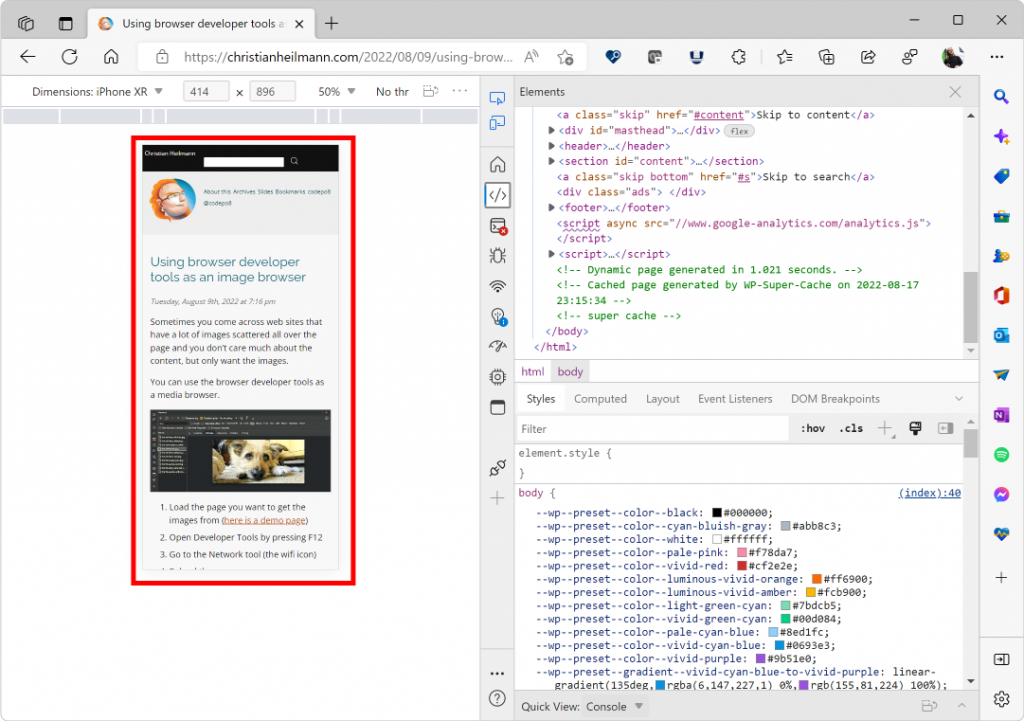 Developer tools showing what this web site looks like on an iPhone XR