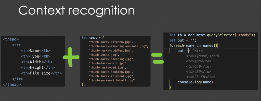 Context recognition example where copilot realised a table structure