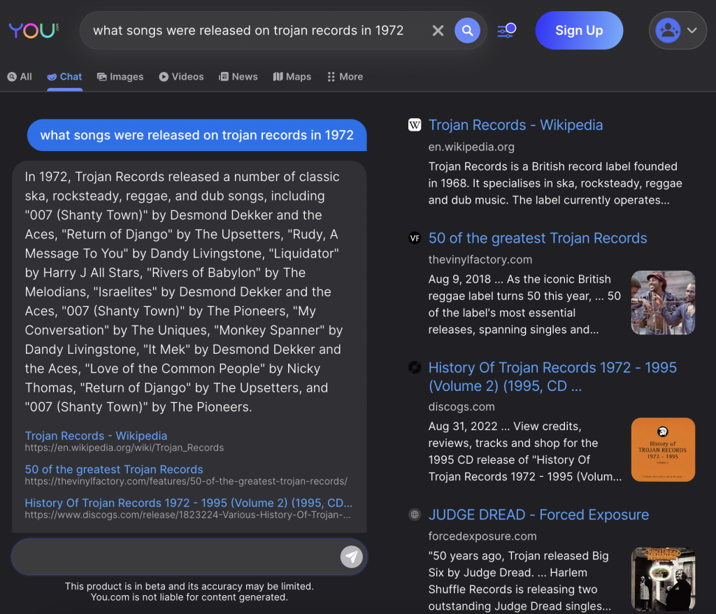 You.com showing results for a music query