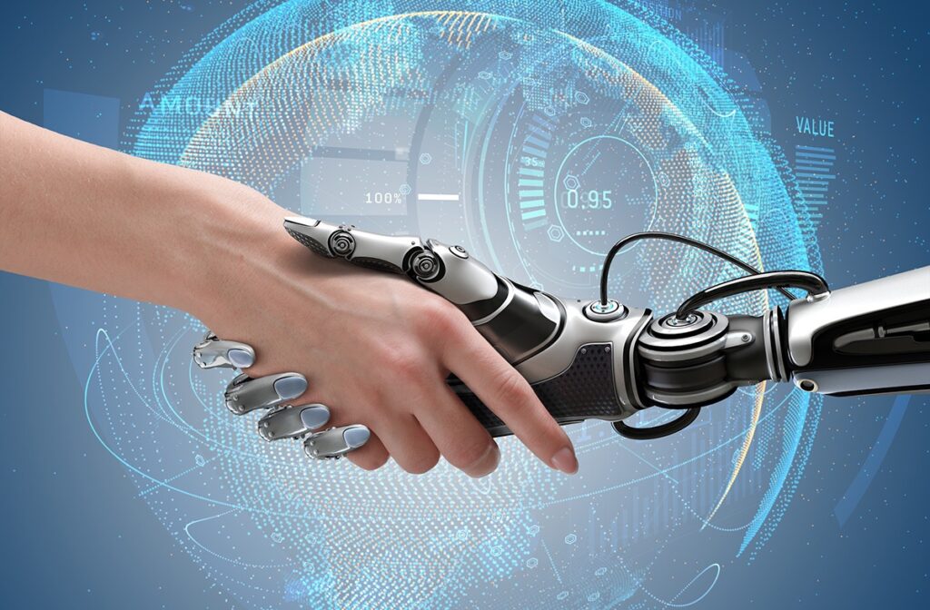 A robot and a human hand shaking. ChatGPT AI Machine Learning