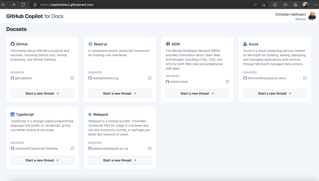 The starting page of Github Copilot for docs allowing you to choose from a source documentation to chat with