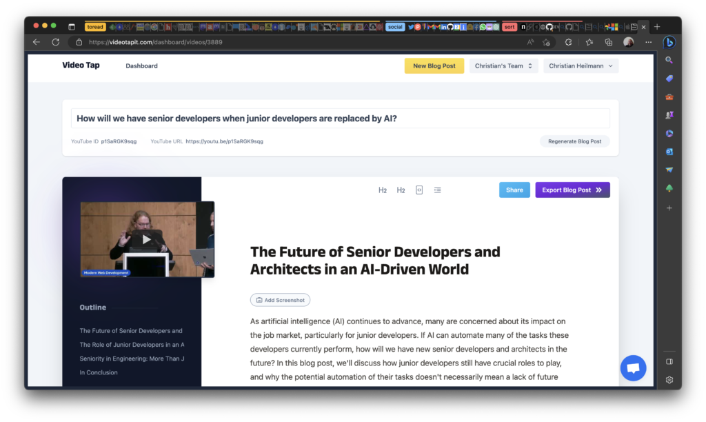 The generated article from my Video in the editing interface