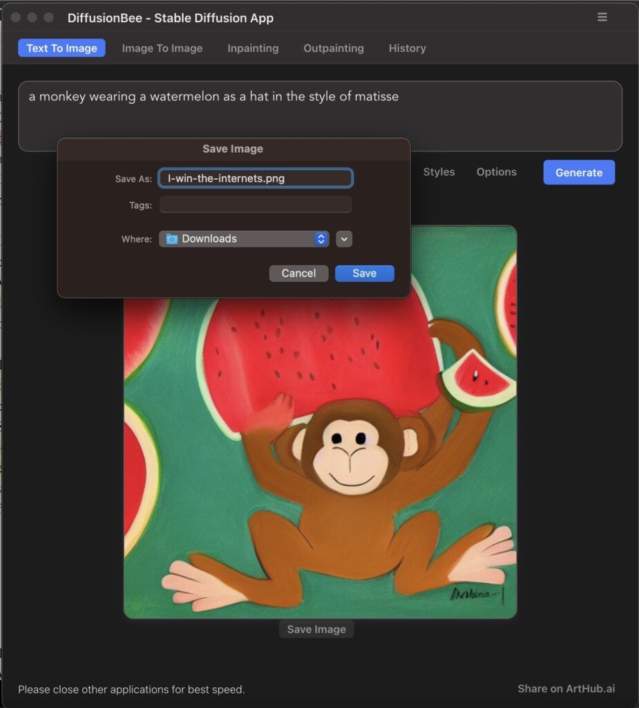 Diffusionbee generating an image of a monkey wearing a watermelon as a hat in the style of matisse