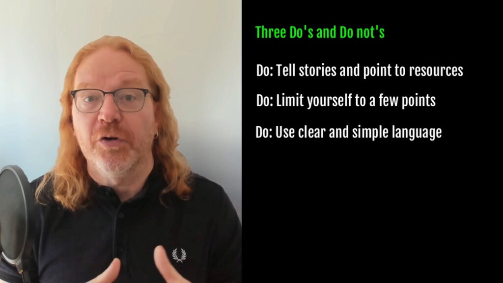 Still image of the video of me explaining three things to do when giving a talk
