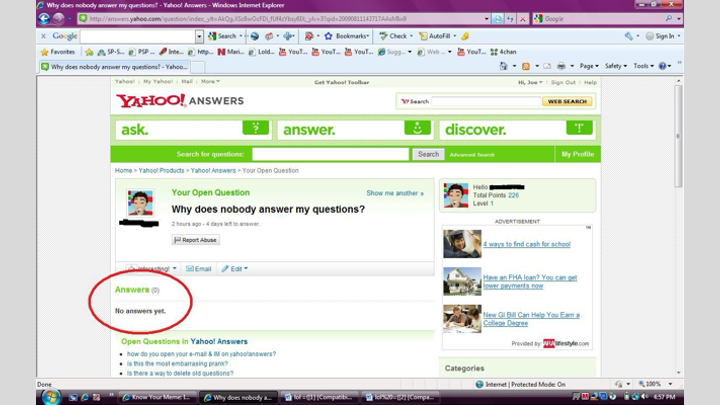 The Yahoo Answers web site shown inside a browser.