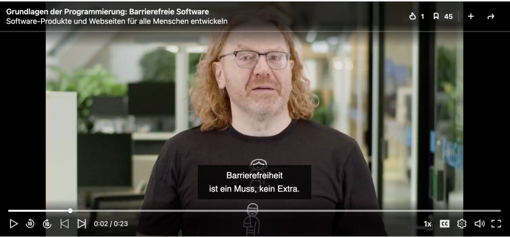 Bild des Kurses mit dem anfangsvideo und dem text Barrierefreiheit ist ein Muss, kein Extra