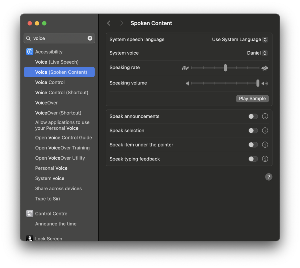 MacOS Voice Settings