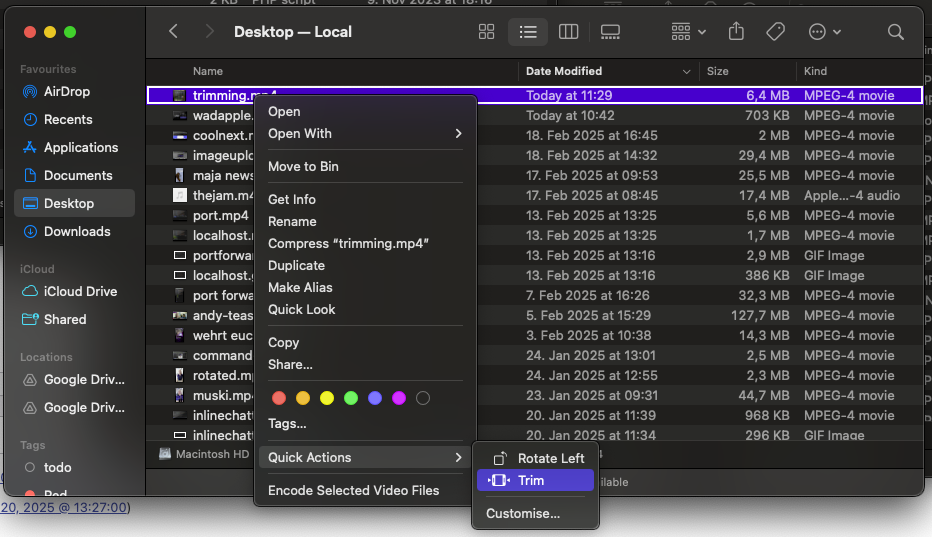 MacOS finder with a selected video file and the context menu open and the Quick Actions selected and Trim available.