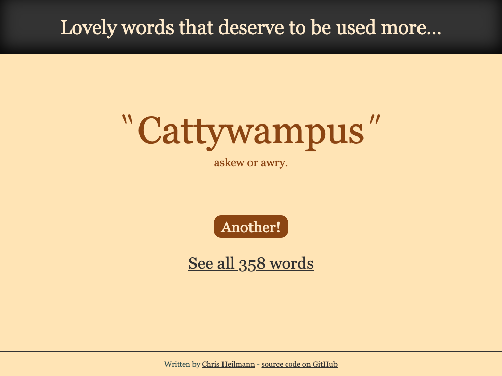 screenshot of the application showing the lovely word Cattywampus