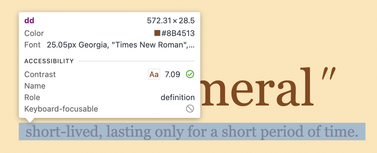 The browser developer tools element picker showing that a dd element has a role of definition