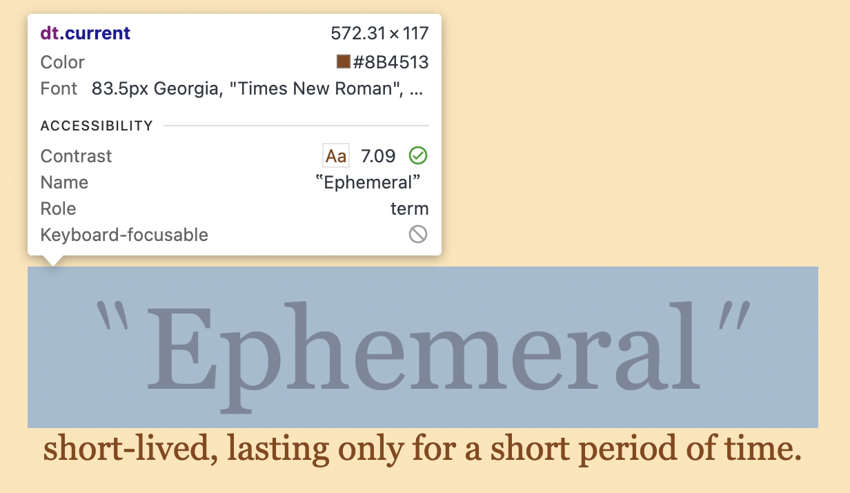 The browser developer tools element picker showing that a dt element has a role of term