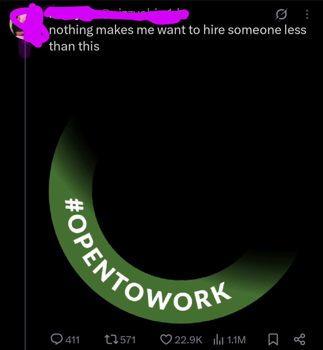 The post on X showing the open to work badge and the arrogant message.